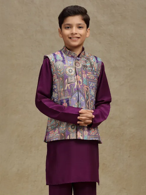 Purple silk printed boys waistcoat set
