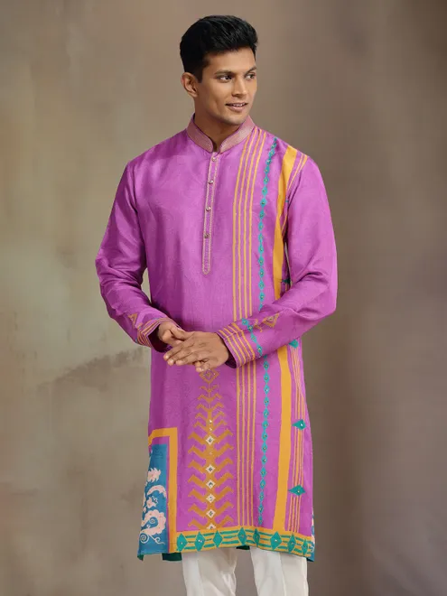 Purple silk printed kurta pajama with resham and sequins
