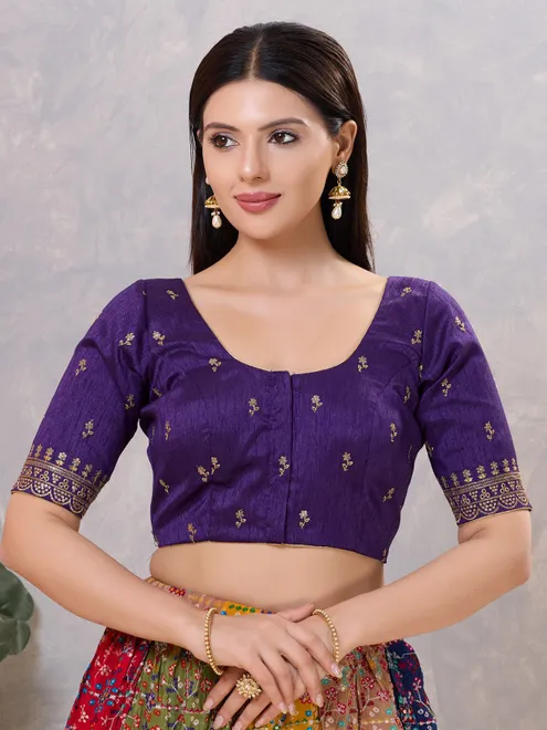 Purple silk resham and sequin work front open blouse
