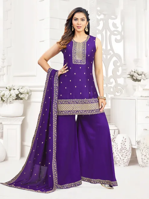 Purple silk resham sequins palazzo suit
