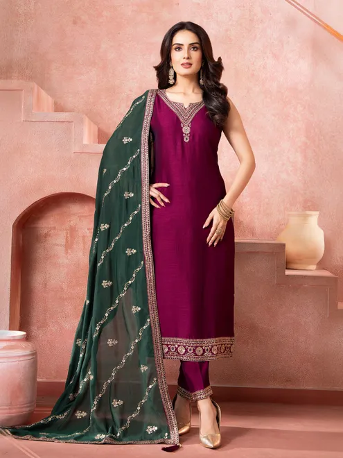 Purple silk salwar suit with contrast dupatta