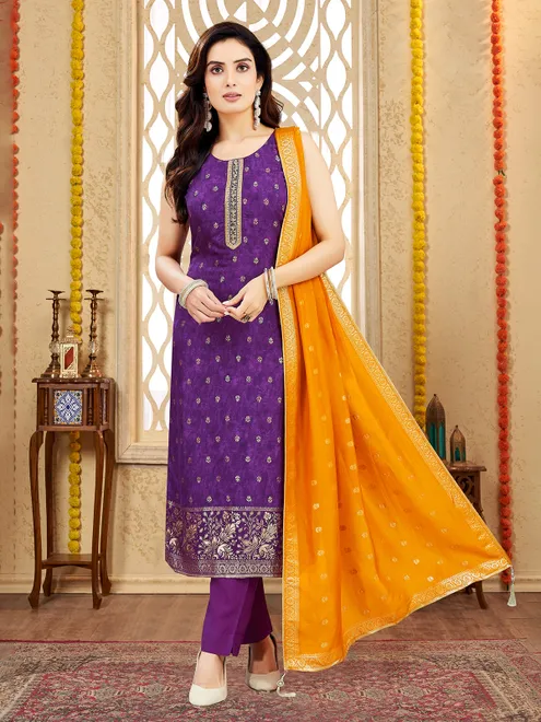 Purple silk salwar suit with cutdana and resham glam