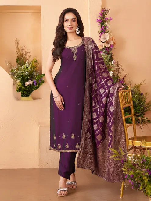 Purple silk salwar suit with subtle stone and zari grace for women