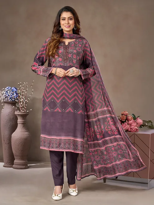 Purple silk salwar suit with sweetheart neckline
