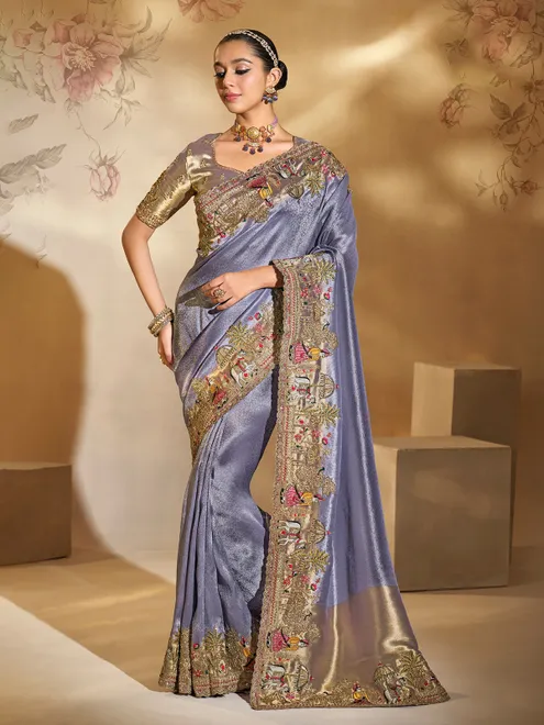 Purple silk saree for wedding celebration