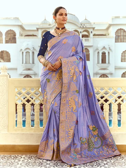 Purple silk saree with zari work for women