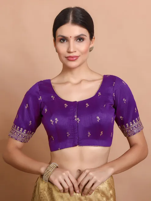 Purple silk sequin embroidered round neck blouse
