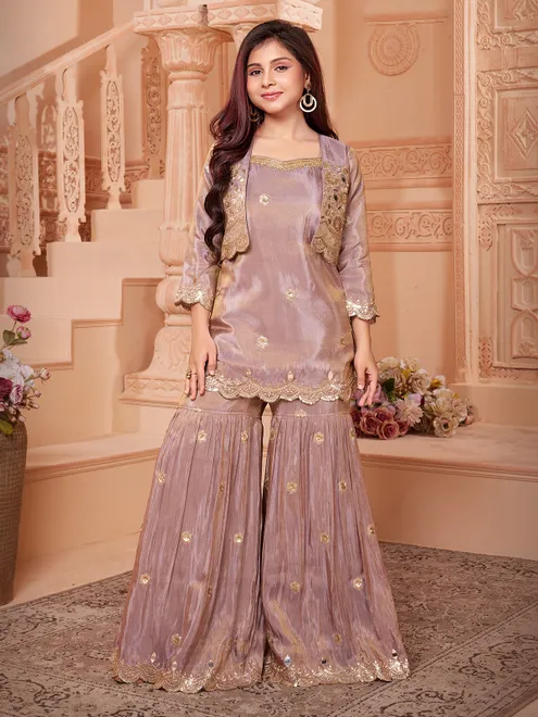 Purple silk sharara suit with embroidered jacket