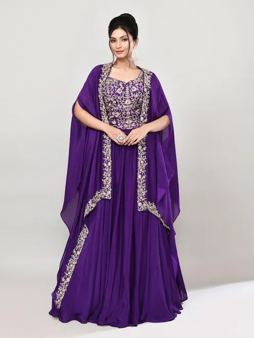 Purple silk shrug style wedding wear lehenga choli