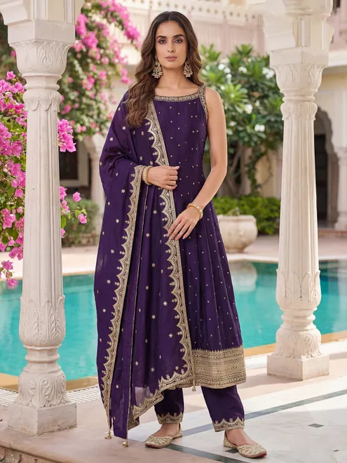Purple silk sleeveless anarkali festive wear suit