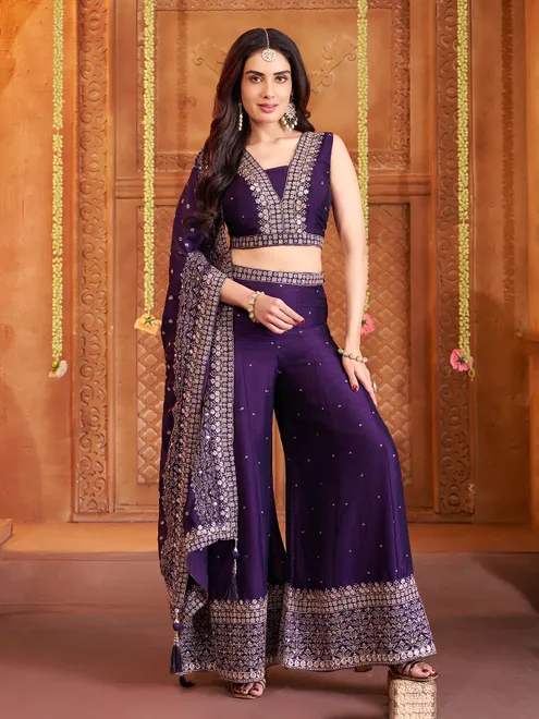Purple silk sleeveless palazzo suit with dupatta set