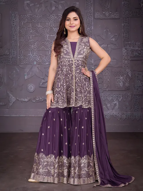Purple silk sleeveless sharara ensemble