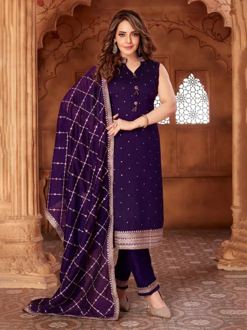 Purple silk straight cut salwar suit with dupatta