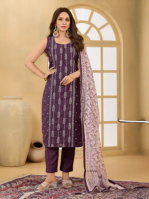 Purple silk straight cut sleeveless salwar suit