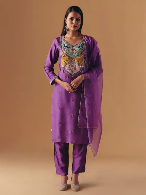 Purple silk sweetheart salwar suit with dupatta