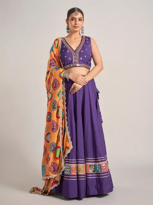Purple silk V neck chaniya choli for navratri