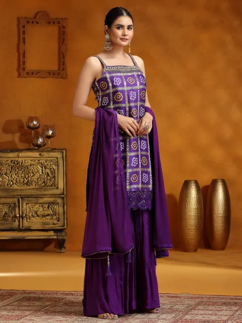 Purple silk wedding wear palazzo suit with dupatta