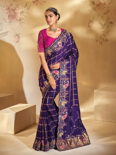 Purple silk wedding wear saree with zari embellishment