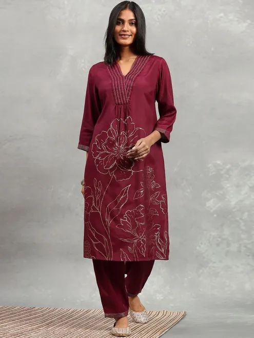 Purple silk women kurti set with print