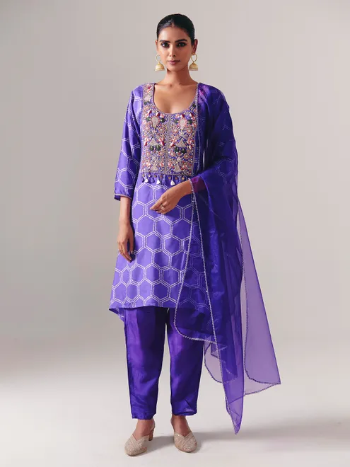 Purple silk yoke style festive salwar suit