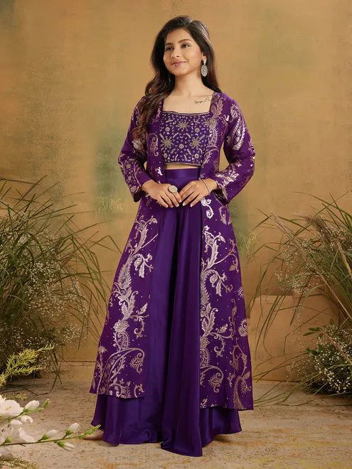 Purple silk zardosi shrug palazzo suit