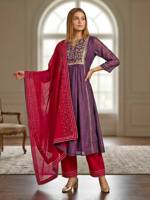 Purple silk zardosi yoke style festive salwar suit