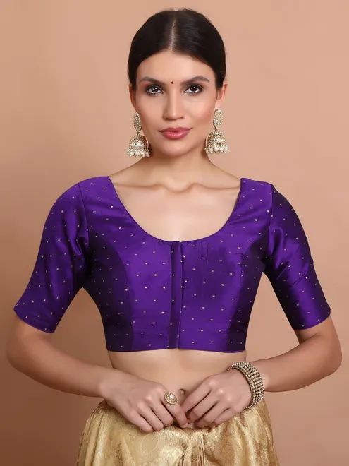 Purple silk zari woven ready made blouse with round neck