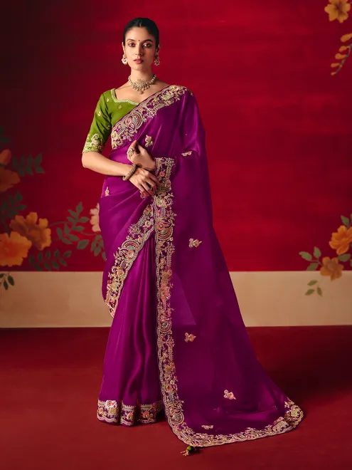 Purple tissue organza embroidered work festive saree