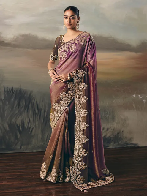 Purple tissue silk ornate festive saree