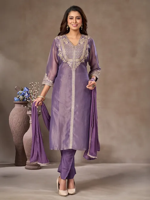 Purple tissue silk salwar suit with v neckline
