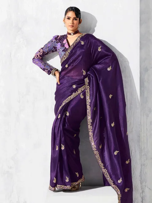 Purple tissue silk saree with resham work