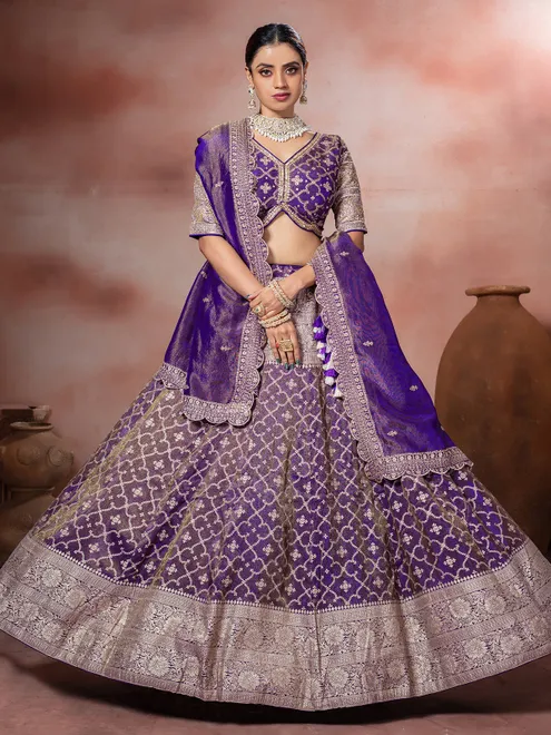 Purple tissue silk zardosi lehenga choli