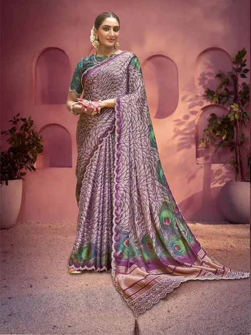 Purple traditional printed gajji silk saree with mirror work