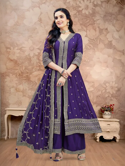 Purple V neck silk palazzo suit with dupatta