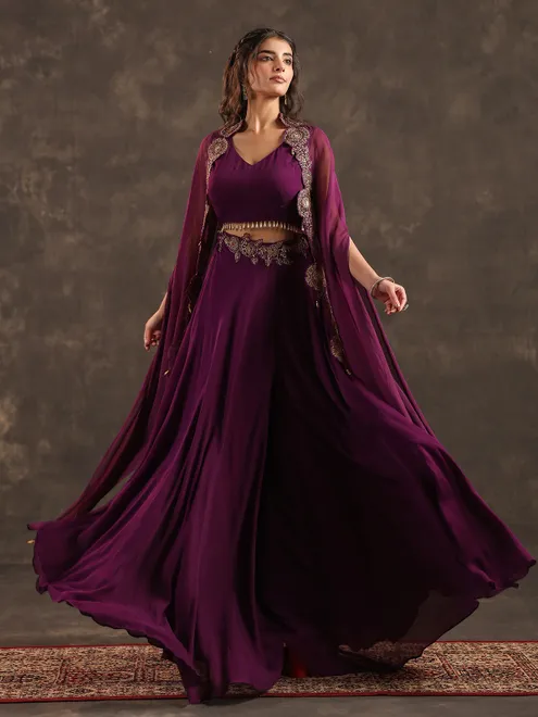 Purple viscose crepe palazzo suit with elegant shrug