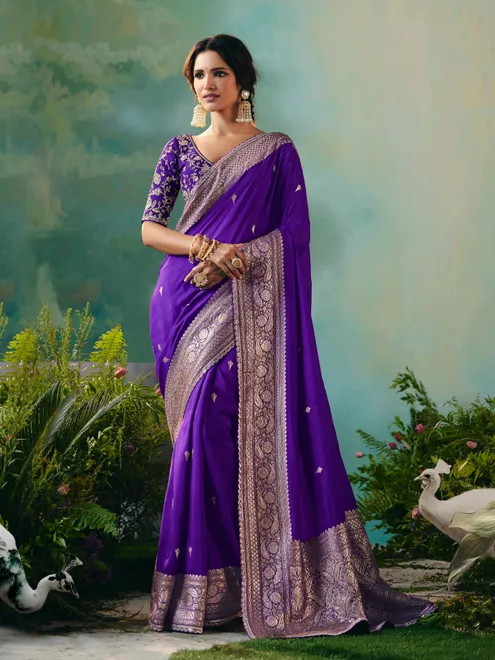 Purple viscose dola silk saree with resham and zari work