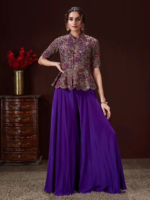 Purple wedding wear silk palazzo suit for women