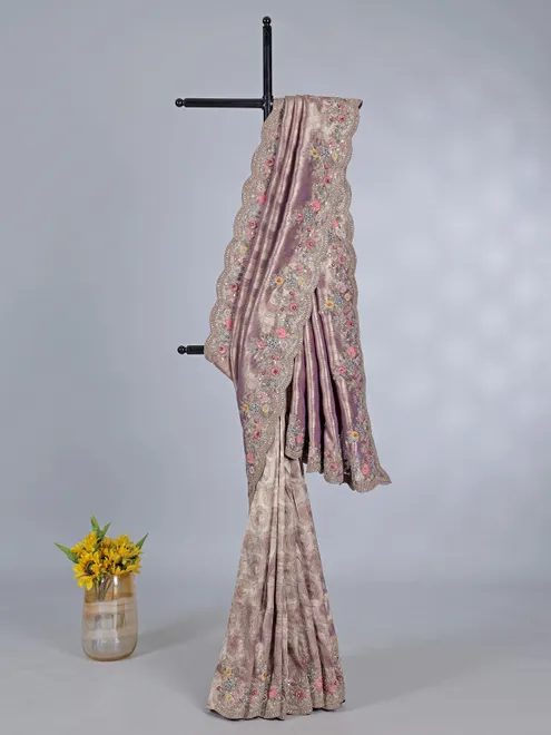 Purple wedding wear tissue silk saree with resham and thread work