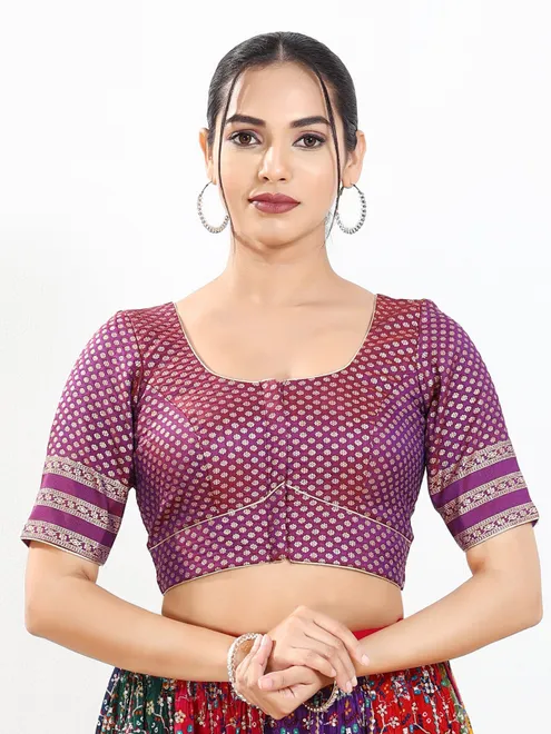 Purple zari brocade round neck blouse