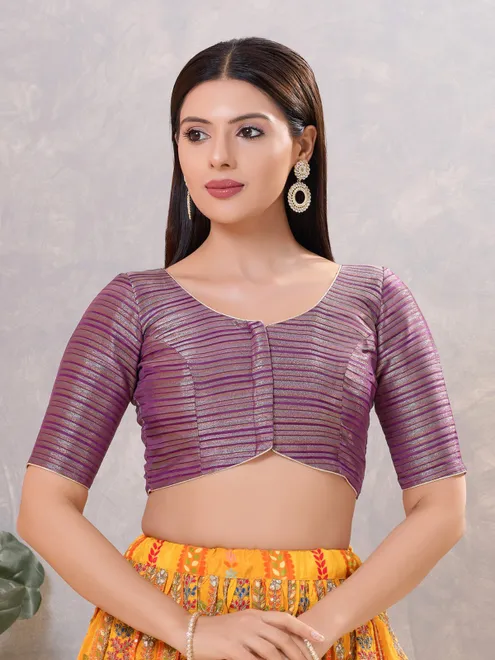 Purple zari silk front open round neck blouse