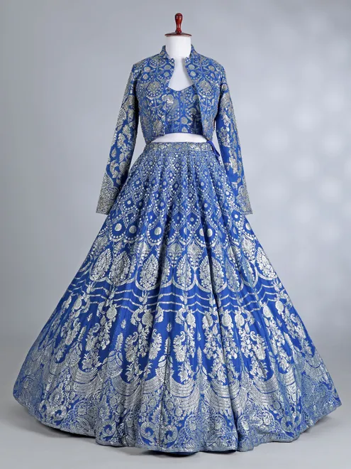 Rama blue banarasi jacket lehenga choli ensemble