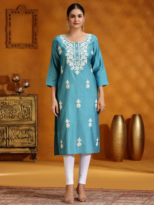 Rama blue casual cotton silk embroidery kurti