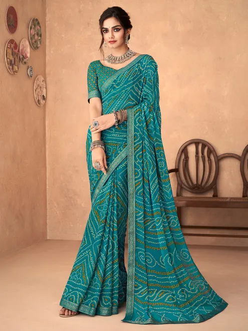 Rama blue chiffon printed saree for women