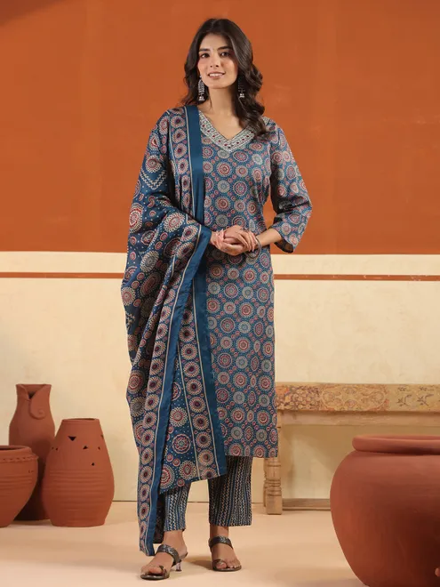 Rama blue cotton printed festival wear kurti set with V neckline