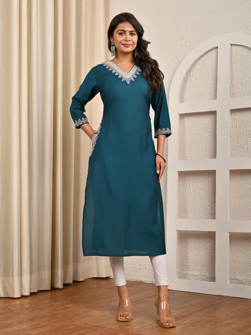 Rama blue cotton silk embroidered casual kurti