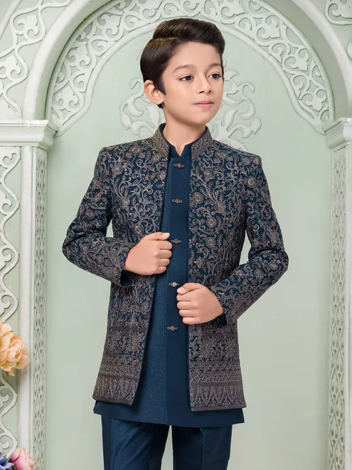 Rama blue cotton silk embroidered indo western set