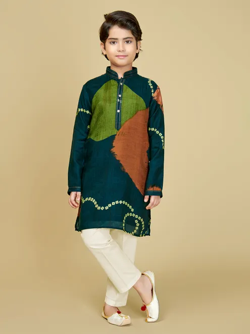 Rama blue cotton silk printed boys kurta suit