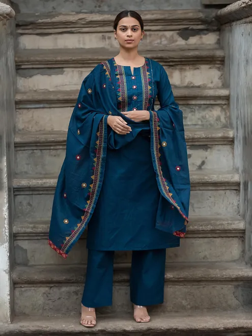 Rama blue cotton yoke style kurti set