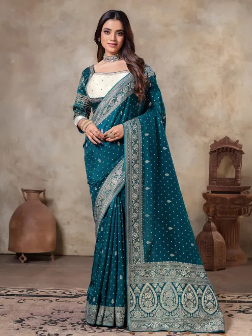 Rama blue dola silk saree in zari weaving