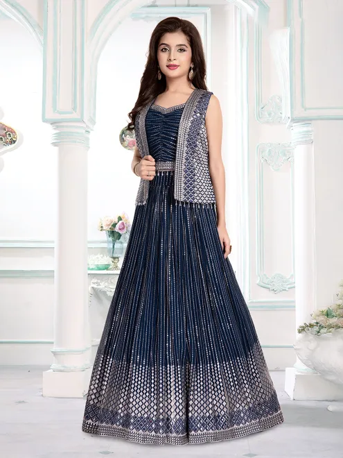 Rama blue georgette embroidered jacket style lehenga choli